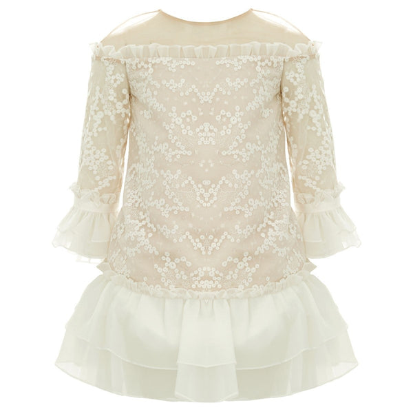 Baby Doll - Embroidery Short Dress With Sequence - Ivory
